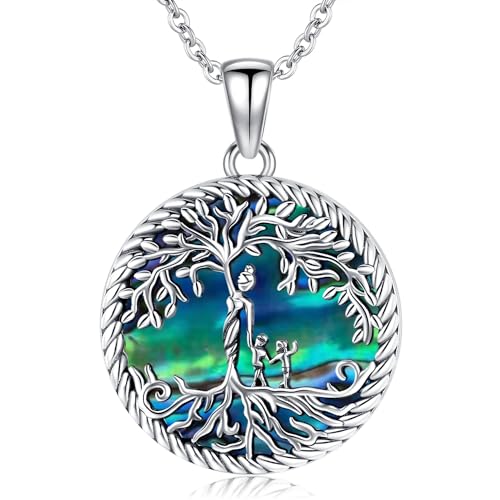 Geschenke für Mama, Mama Halskette 925 Sterling Silber Mutter und Kind Anhänger Halskette, Baum des Lebens Kette für Damen mit Abalone Muschel Muttertag Schmuck Geschenke (D-Abalone Muschel 2 Kinder) von Friggem