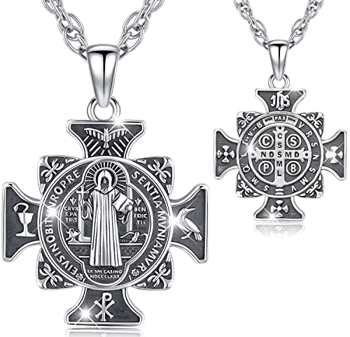 Friggem Heiligen Benedikt Medaille Herren Kette 925 Sterling Silber St. Benedikt Kreuz Anhänger Halskette Religious Talisman Schutz Schmuck für Damen Herren (Saint Benedikt) von Friggem