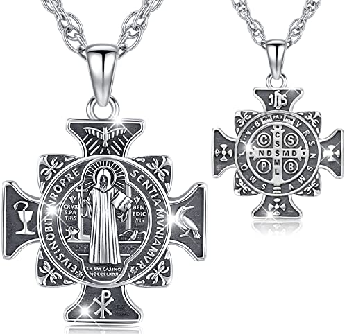 Heiligen Benedikt Medaille Herren Kette 925 Sterling Silber St. Benedikt Kreuz Anhänger Halskette Religious Talisman Schutz Schmuck für Damen Herren (Saint Benedikt) von Friggem