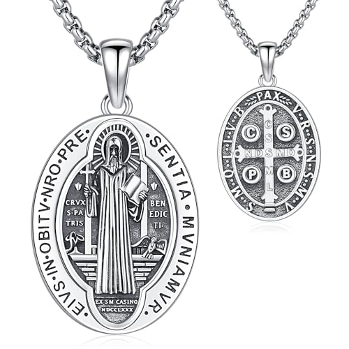 Heiliger Benedikt Medaille 925 Sterling Silber St. Benedikt Medaille Anhänger Halskette Amulett Halskette Schutz Anhänger Schmuck für Herren Damen von Friggem