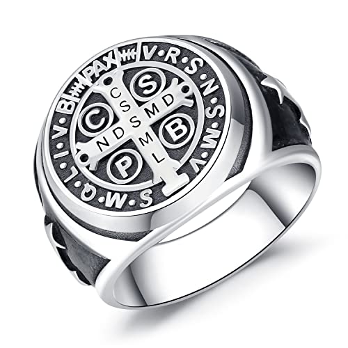 Herren Ring 925 Sterling Silber Heiliger Benedikt Ring St. Benedict Ringe Schutz Schmuck Religiöse Geschenk für Herren Damen von Friggem