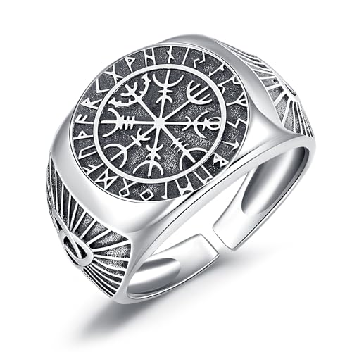 Herren Ringe Wikinger Vegvisir Ringe 925 Sterling Silber Wikinger Runen Ring Kompass Fingerring Wikinger Schmuck für für Herren Damen von Friggem