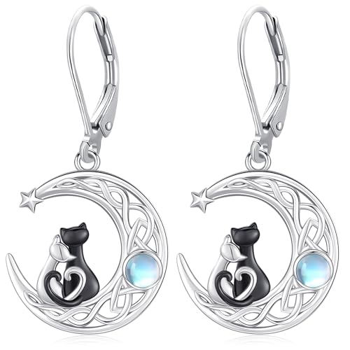 Katzen Ohrringe Dame 925 Sterling Silber Mond Katze Anhänger Ohrringe Schwarze Weiße Katzen Mondstein Ohrringe Hypoallergene Ohrringe Geschenk für Dame Mädchen Mutter Schwester von Friggem