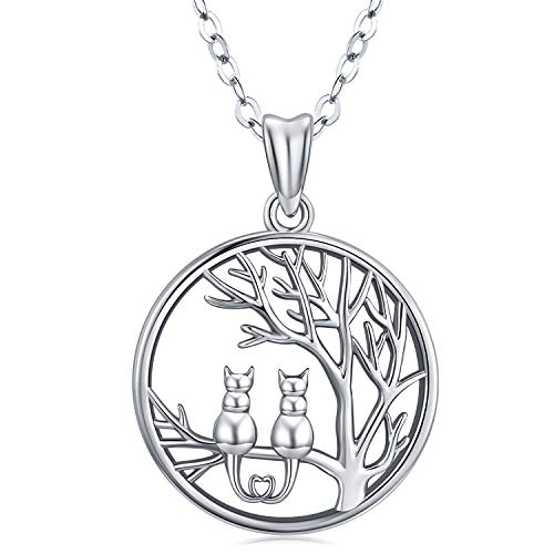 Sterling Silber Katzenhalskette - Niedliche Katze auf dem Baum Anhänger, runder Anhänger 18 "Kette Katzen Halskette Schmuck für Frauen, Mode Baum und Katzenschmuck Geschenk mit feiner Schmuckschatulle von Friggem