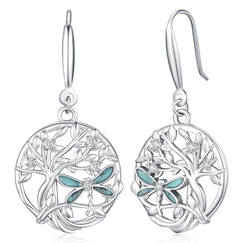 Lebensbaum Anhänger Ohrringe, S925 Sterlingsilber Baum des Lebens Libellen anhänger Ohrringes und Damen Anhänger Ohrringe Türkis Schmuck Geschenke für Mütter, Mädchen und Frauen von Friggem