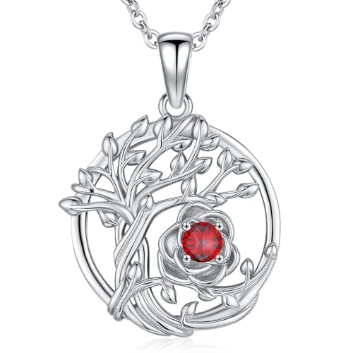 Lebensbaum-Halskette für Damen S925 Sterling Silber Baum des Lebens Januar Geburtsstein Anhänger Kette, Edelstein Geschenke zum Jahrestag und Geburtstag für Damen und Mädchen von Friggem