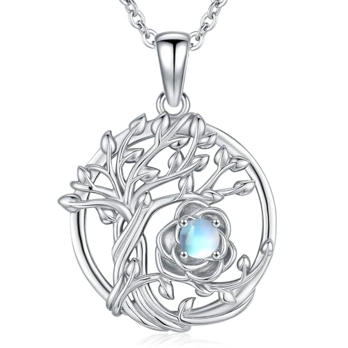 Lebensbaum-Halskette für Damen S925 Sterling Silber Baum des Lebens Juni Geburtsstein Anhänger Kette, Edelstein Geschenke zum Jahrestag und Geburtstag für Damen und Mädchen von Friggem