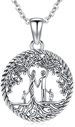 Lebensbaum Kette für Damen 925 Sterling Silber Familie Mutter Kind Baum des Lebens Anhänger Halskette, Geburtstag Muttertag Schmuck Geschenke für Mama Tochter Oma Schwester (B-Mama und 2 Kinder Kette) von Friggem