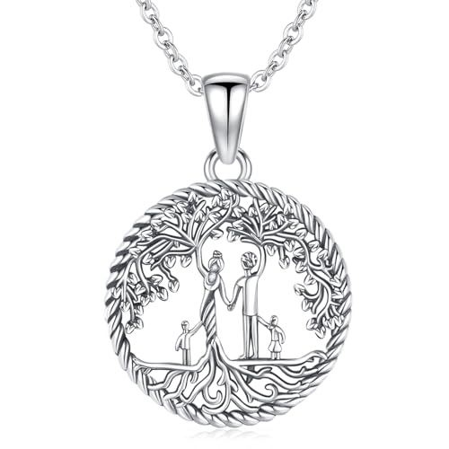 Lebensbaum Kette für Damen 925 Sterling Silber Familie Mutter Kind Baum des Lebens Anhänger Halskette, Geburtstag Muttertag Schmuck Geschenke für Mama Tochter Oma Schwester (B-Mama und 2 Kinder Kette) von Friggem