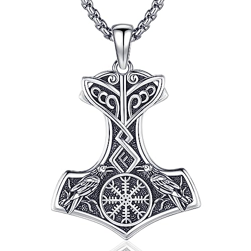 Mjolnir Halskette Wikinger Schmuck für Herren 925 Sterling Silber Wikinger Thors Hammer Kette mit Rabe Thors Hammer Anhänger Nodischer Wikinger Amulett Geschenk für Männer Frauen (D-Thors Hammer) von Friggem