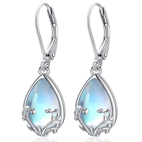 Mondstein Ohrringe 925 Sterling Silber Damen Ohrringe Hängend, Mondstein Blume Baumeln Tropfen Ohrringe Leverback Schmuck für Frauen Mädchen von Friggem