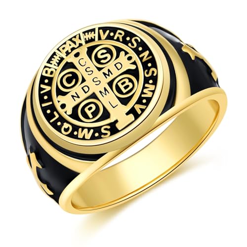 Saint Benedict Ring Gold, 925 Sterling Silber Siegelring Damen/Herren, Fingerring St. Benedikt Vintage Religiöser Kreuz Ring für Männer Damen von Friggem