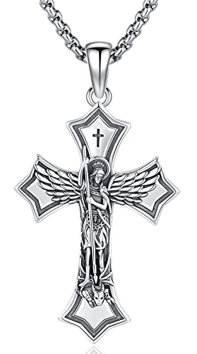 925 Sterling Silber Schutzpatron Halskette | Saint Michael Kreuz Halskette für Männer | Erzengel Michael Medaille Anhänger Amulett Religiöse Schmuck für Herren (F-Saint Michael) von Friggem