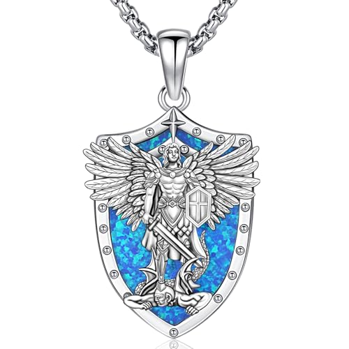St. Michael Halskette 925 Sterling Silber Blauer Opal Erzengel Michael Kette, Religiöse Halskette Amulett Schmuck, Geschenke für Damen Herren von Friggem