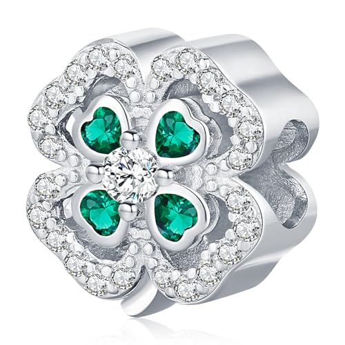 Vierblättriger Kleeblatt Anhänger Charm S925 Sterling Silber Sparkling Bead 5A Zirkonia Damen Charm, für Pandora Europäische Armbänder Halskette,Schmuck Geschenk für Damen Herren von Friggem
