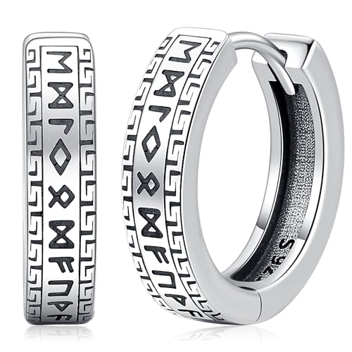 Wikinger Ohrringe für Herren Damen, 925 Sterling Silber Nordic Creolen Rune Huggie Punk Ohrringe Wikinger Schmuck Geschenke für Männer Frauen von Friggem