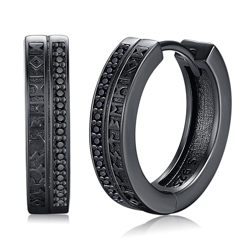 Wikinger Creolen Schwarze Ohrringe für Herren Damen 925 Sterling Silber Wikinger Sleeper Huggie Nordische Runen Ohrringe Punk für Männer Frauen von Friggem