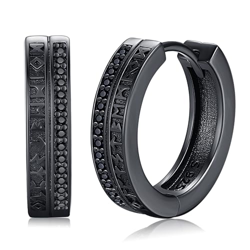 Schwarze Ohrringe Herren 925 Sterling Silber Wikinger Ohrringe Creolen Huggie Nordische Runen Ohrringe Punk Ohrringe für Männer Frauen von Friggem