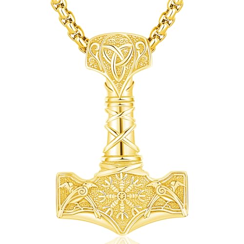 Wikinger Halskette 925 Sterling Silber Thors Hammer Anhänger Gold Mjolnir Halskette Amulett Schmuck Geschenke für Damen und Herren von Friggem