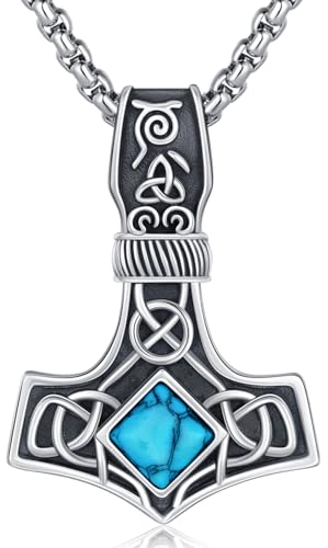 Wikinger Halskette 925 Sterling Silber Thors Hammer Anhänger Türkis Mjolnir Halskette Amulett Schmuck Geschenke für Damen und Herren von Friggem