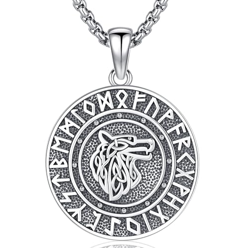 Wikinger Halskette Wolf Kette Schmuck für Herren Damen 925 Sterling Silber Wikinger Rune Halskette Wolf Anhänger Schmuck Geschenke (Wolf-A) von Friggem