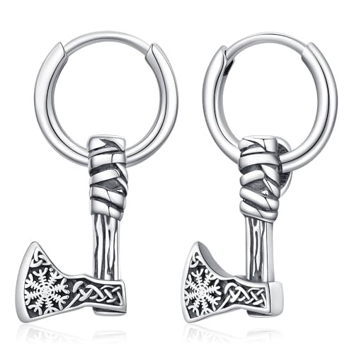 Wikinger Ohrringe Herren 925 Sterling Silber Wikinger Axt Creolen Hängend Ohrringe Nordic Schmuck Geschenke für Damen Herren von Friggem