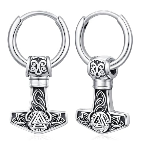Wikinger Ohrringe Herren Creolen 925 Sterling Silber Thors Hammer Ohrringe Hängend Mjolnir Nordic Schmuck Geschenke für Männer Frauen von Friggem
