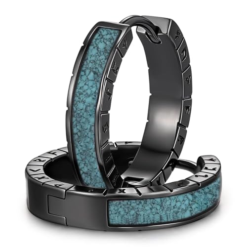 Schwarze Creolen für Damen Herren 925 Sterling Silber Nordische Wikinger Rune Ohrringe Kleine Creolen mit Türkis Viking Ohrschmuck für Damen Herren von Friggem