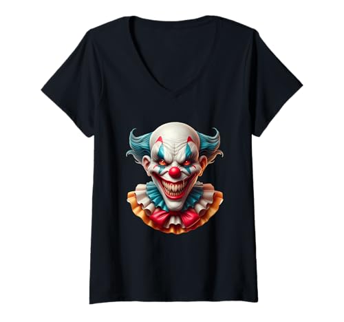 Damen Gruseliges Clown, gruseliges Gesicht, schreckliche Augen T-Shirt mit V-Ausschnitt Damen Gruseliges Clown, gruseliges Gesicht, schreckliche Augen T-Shirt mit V-Ausschnitt von Frightening Clown Creepy Mask Halloween