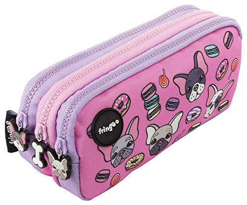Fringoo® Federtasche, für Kinder, Schule, lustige und niedliche Schreibwarenaufbewahrung mit 3 Fächern Large Pugs & Sweets - 3 Compartments von Fringoo
