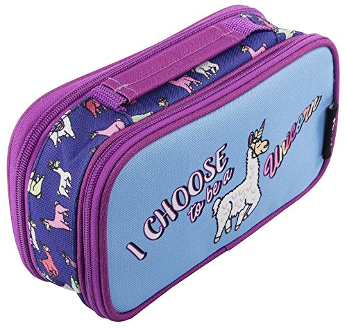 Fringoo – Federmäppchen für Kinder – blaues und Violettes Lama-Einhorn-Design – 2 Fächer, starker Reißverschluss – Schul-Organizer für Mädchen von Fringoo