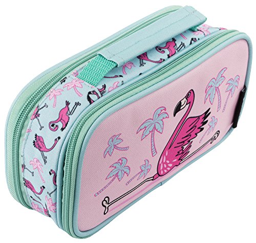 Fringoo – Federmäppchen für Kinder – rosa und grünes Flamingo-Design – 2 Fächer, starker Reißverschluss – Schul-Organizer für Mädchen von Fringoo