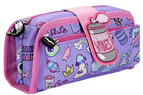 Fringoo – Federmäppchen für Kinder – positives Doodle-Design in Rosa und Lila – 2 Reißverschlussfächer – Schul-Organizer für Mädchen von Fringoo