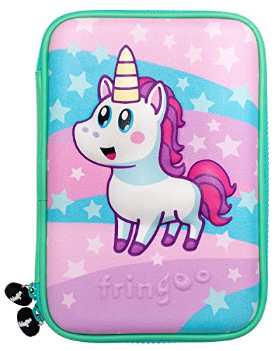 Fringoo - Kinder Federmäppchen - Pink & Türkis Einhorn Stern - Federmäppchen - Schreibwarenhalter - Groß - Geprägtes Hardtop - Doppelter Reißverschluss von Fringoo