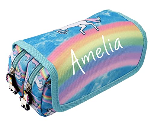 Fringoo Personalisiertes Kinder-Federmäppchen, 2 Fächer, große Schreibwaren-Tasche, Schulzubehör, Organizer, lustig, niedlich, Schul-Federmäppchen für Mädchen und Jungen, Unicorn Wolken, Modern von Fringoo