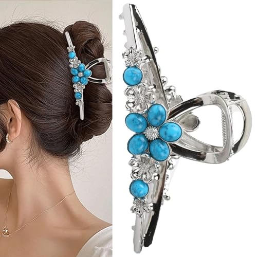 Große Metall-Haarklammern, Western-Stil, türkisblauer Stein, rutschfest, Haarschmuck für Damen, dickes Haar, Sonnenblume, Silber von Frinnovan