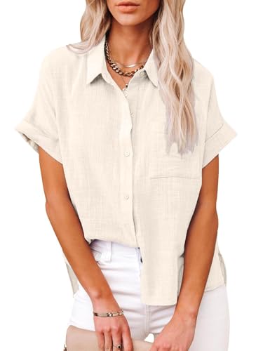 Friptspyg Bluse Damen Blusen & Tuniken Lässiges Kurzarm Hemdbluse Sommer V-Ausschnitt 100% Baumwolle Solide Blusenshirt Elegant Oberteile mit Tasche, Aprikose XS von Friptspyg