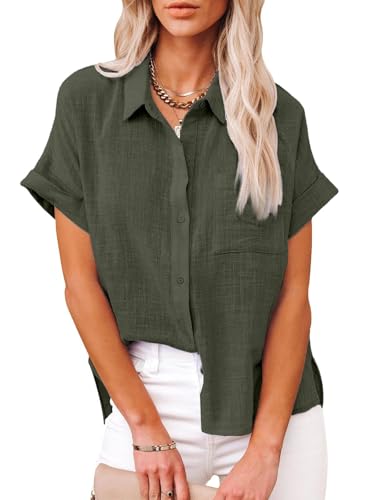 Friptspyg Bluse Damen Blusen & Tuniken Lässiges Kurzarm Hemdbluse Sommer V-Ausschnitt 100% Baumwolle Solide Blusenshirt Elegant Oberteile mit Tasche, Armee Grün L von Friptspyg