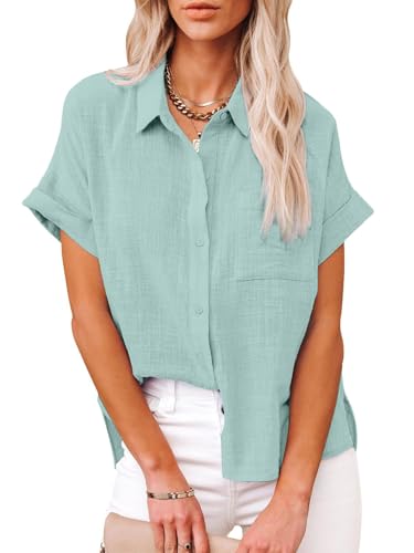 Friptspyg Bluse Damen Blusen & Tuniken Lässiges Kurzarm Hemdbluse Sommer V-Ausschnitt 100% Baumwolle Solide Blusenshirt Elegant Oberteile mit Tasche, Blau Grün S von Friptspyg
