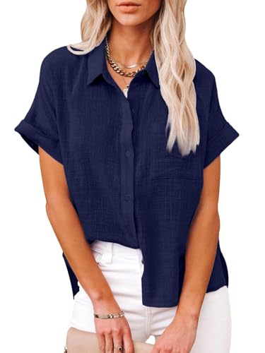 Friptspyg Bluse Damen Blusen & Tuniken Lässiges Kurzarm Hemdbluse Sommer V-Ausschnitt 100% Baumwolle Solide Blusenshirt Elegant Oberteile mit Tasche, Marineblau M von Friptspyg