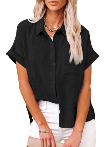 Friptspyg Bluse Damen Blusen & Tuniken Lässiges Kurzarm Hemdbluse Sommer V-Ausschnitt 100% Baumwolle Solide Blusenshirt Elegant Oberteile mit Tasche, Schwarz L von Friptspyg