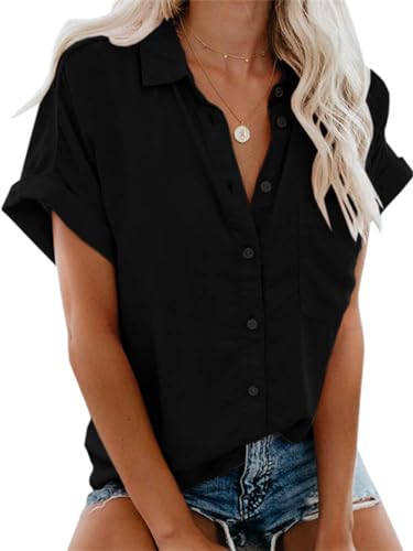 Friptspyg Bluse Damen Lässiges Kurzarm Hemdbluse Sommer V-Ausschnitt 100% Baumwolle Solide Blusenshirt Elegant Oberteile mit Tasche, Schwarz S von Friptspyg