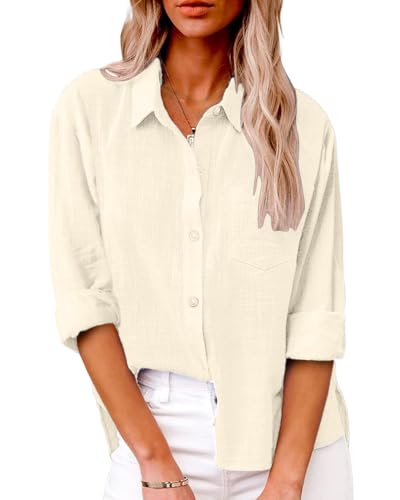 Friptspyg Bluse Damen Lässiges Langarm Hemdbluse Elegant Blusen & Tuniken für Damen V-Ausschnitt 100% Baumwolle Solide Sommer Oberteile mit Tasche, Aprikose M von Friptspyg