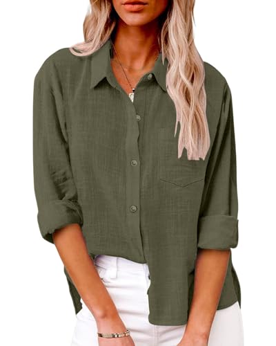 Friptspyg Bluse Damen Lässiges Langarm Hemdbluse Elegant Blusen & Tuniken für Damen V-Ausschnitt 100% Baumwolle Solide Sommer Oberteile mit Tasche, Armee Grün M von Friptspyg