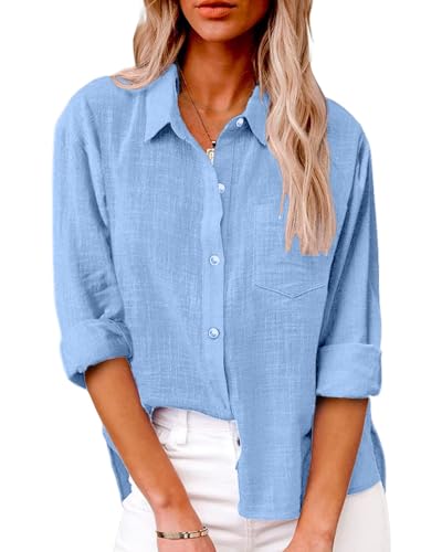 Friptspyg Bluse Damen Lässiges Langarm Hemdbluse Elegant Blusen & Tuniken für Damen V-Ausschnitt 100% Baumwolle Solide Sommer Oberteile mit Tasche, Himmelblau XL von Friptspyg