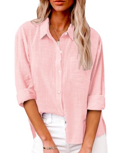 Friptspyg Bluse Damen Lässiges Langarm Hemdbluse Elegant Blusen & Tuniken für Damen V-Ausschnitt 100% Baumwolle Solide Sommer Oberteile mit Tasche, Rosa S von Friptspyg