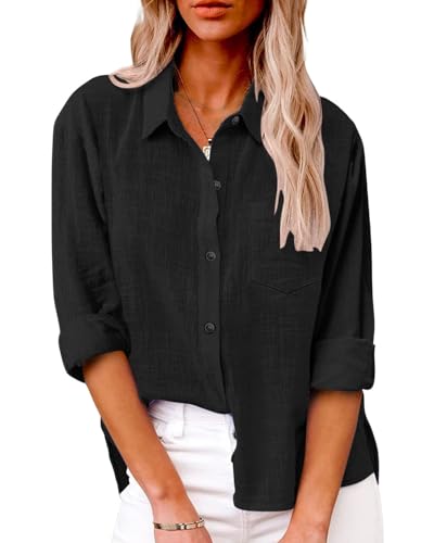 Friptspyg Bluse Damen Lässiges Langarm Hemdbluse Elegant Blusen & Tuniken für Damen V-Ausschnitt 100% Baumwolle Solide Sommer Oberteile mit Tasche, Schwarz M von Friptspyg
