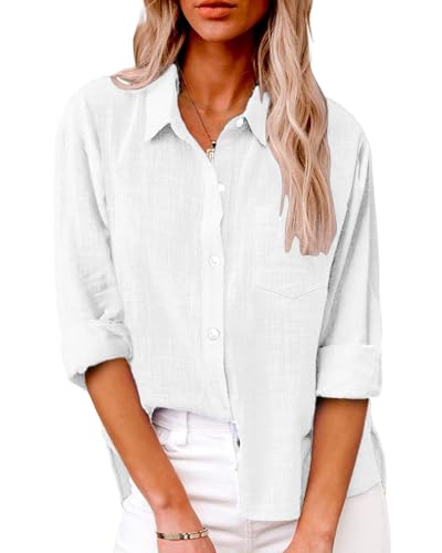 Friptspyg Bluse Damen Lässiges Langarm Hemdbluse Elegant Blusen & Tuniken für Damen V-Ausschnitt 100% Baumwolle Solide Sommer Oberteile mit Tasche, Weiß M von Friptspyg