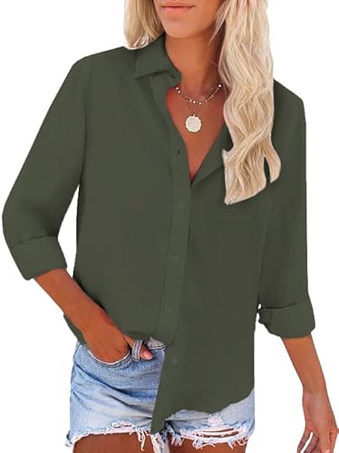 Friptspyg Bluse Damen Langarm Elegant Hemdbluse Lässiges Langbluse V-Ausschnitt Oversize Bluse Oberteile Tops mit Tasche,Armee Grün L von Friptspyg