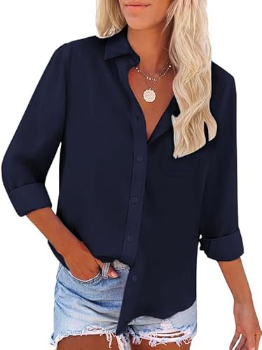 Friptspyg Bluse Damen Langarm Elegant Hemdbluse Lässiges Langbluse V-Ausschnitt Oversize Bluse Oberteile Tops mit Tasche,Dunkelblau XXL von Friptspyg